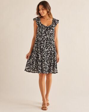 Old navy cami floral black & white flutter sleeve knee length dress large #1100